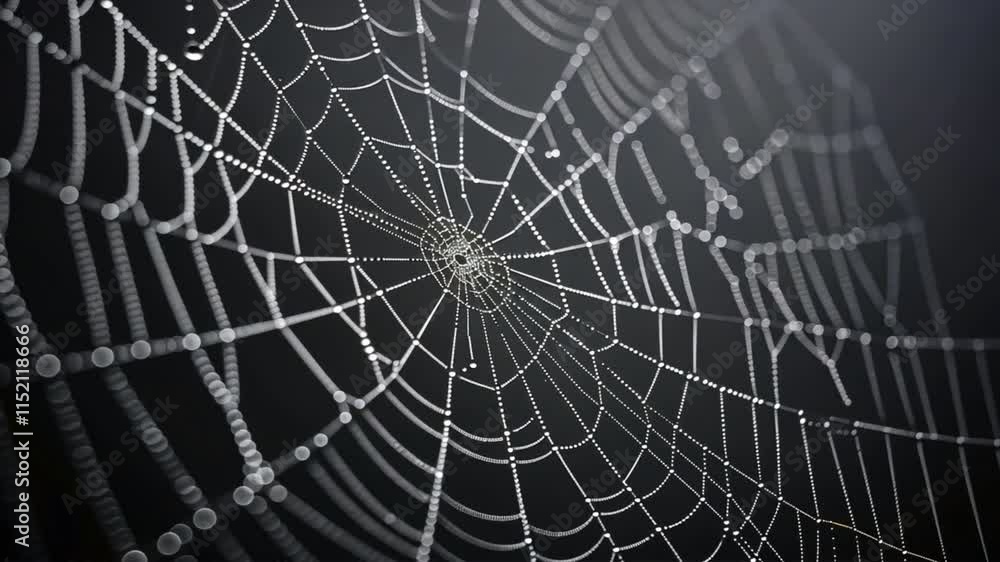 Poster close up of intricate spider web with dew drops, showcasing mesmerizing patterns and textures agains