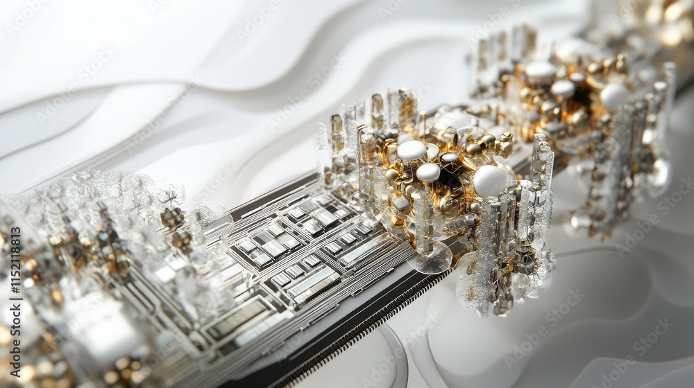 Poster a futuristic design of a bio-compatible microchip, with organic-like circuits and soft materials ble