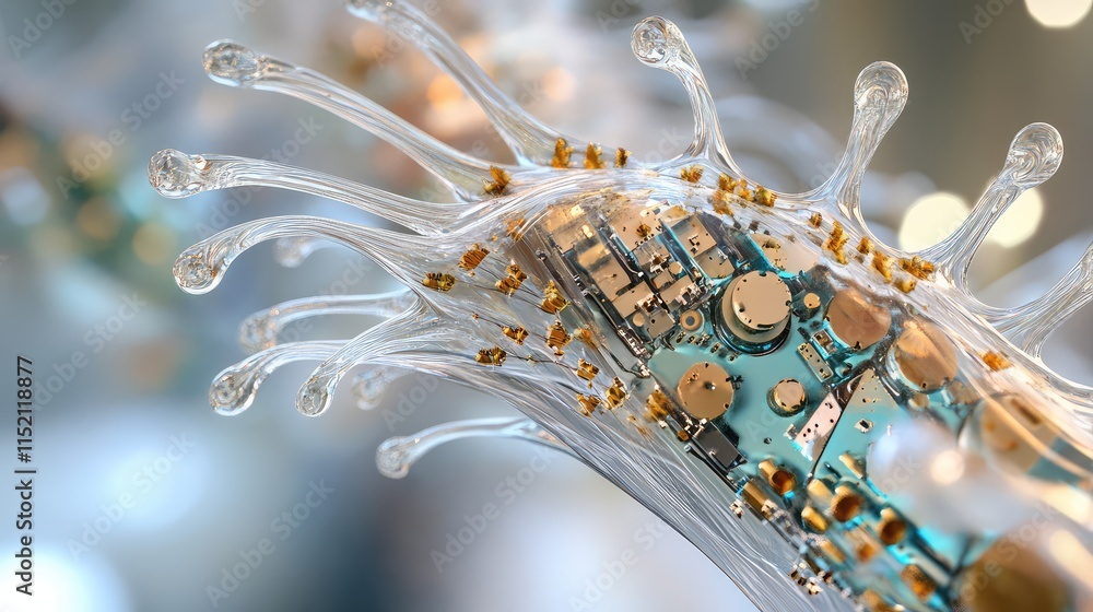 Poster a futuristic design of a bio-compatible microchip, with organic-like circuits and soft materials ble