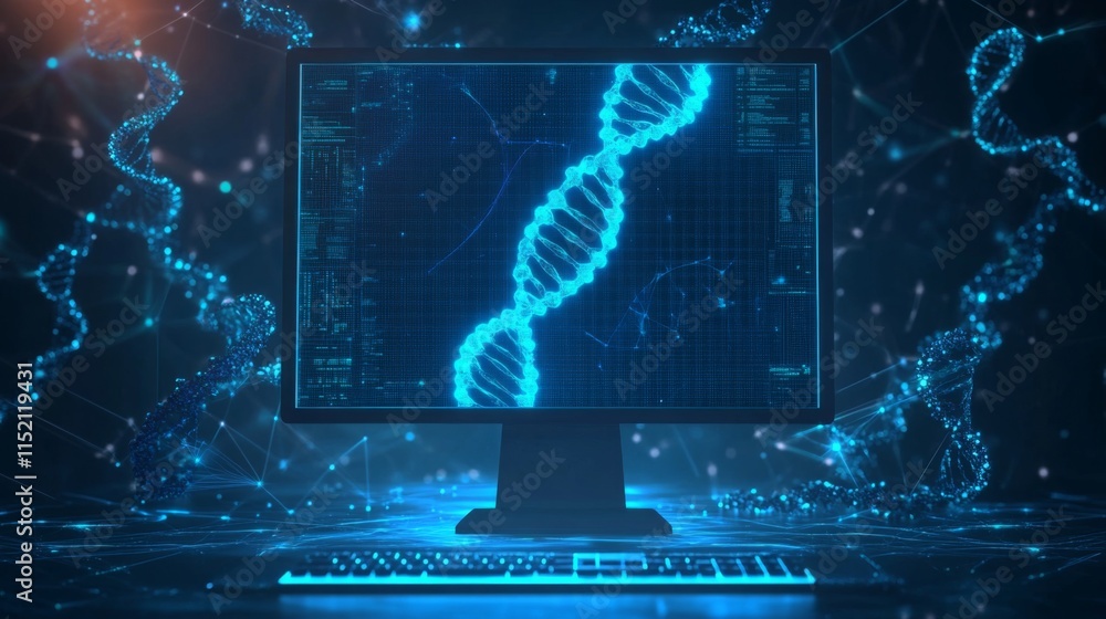 Poster A computer screen displays digital representations of DNA strands against a dark background, illustrating the intersection of artificial intelligence and bioinformatics.