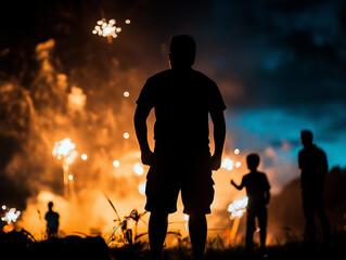 Obraz premium A portrait shot of a family standing in a quiet field under a starry sky, enjoying fireworks and holding glowing sparklers.