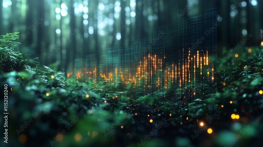Aufkleber a serene forest scene features dense greenery and soft lighting, while digital sound waves seamlessl