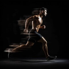 A muscular man dashes forward, captured with dramatic speed and motion elements.