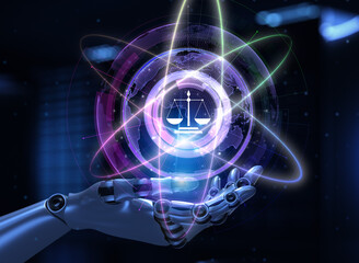 Labor law cyber compliance advocacy business concept. Robot hand Pressing button 3d render.