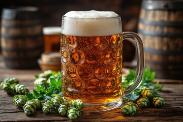 A frothy glass of golden beer on a rustic wooden table. A refreshing and inviting beverage for bar or pub promotions. Perfect for banners with alcohol themes.