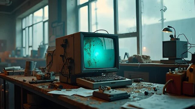Retro Computer on Messy Workbench