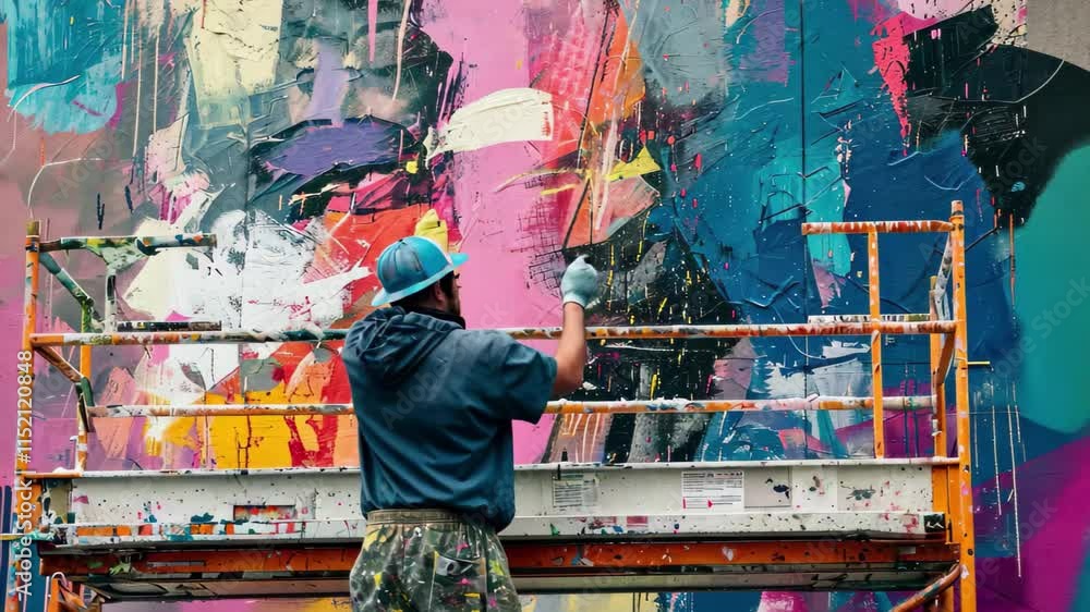Poster artist creating vibrant mural with bold colors and abstract patterns in urban environment during day