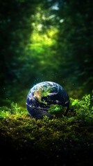 A vibrant depiction of Earth, nestled in lush greenery, symbolizes the harmony between nature and humanity.