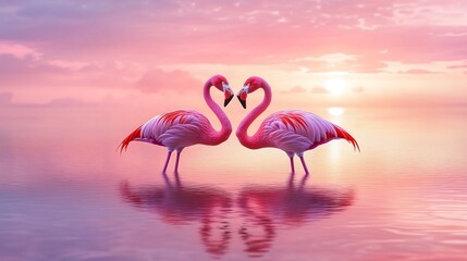 Naklejka premium A pair of pink flamingos forming a heart shape with their necks, standing in a tranquil lake reflecting a pink sunset.