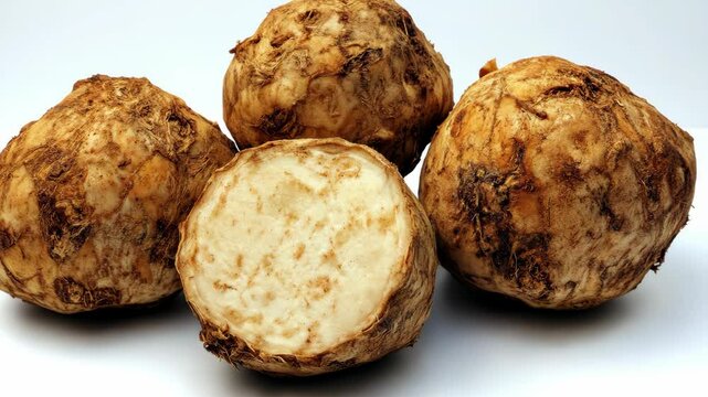 Fresh celeriac roots displayed on a white background showcasing their rough exterior and creamy interior