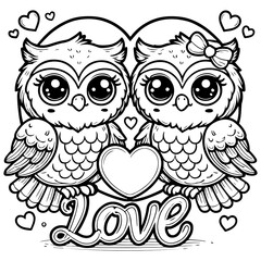 Cute Owl Couple on a Love Shape Vector Line Art Coloring Book Illustration