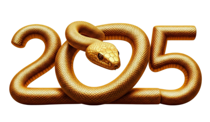 Happy New Year 2025. New Year's number 2025 in the shape of a snake statue abstract surreal gold snake on white transparent backround PNG file 300dpi