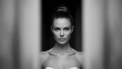 Stunning monochrome portrait of a woman with a high bun, intense gaze, and flawless skin.  A captivating image.