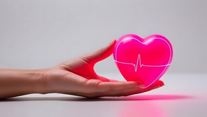 Fototapeta premium Glowing heart in gentle hands, a symbol of life, care, and wellbeing. A powerful image of health and hope.