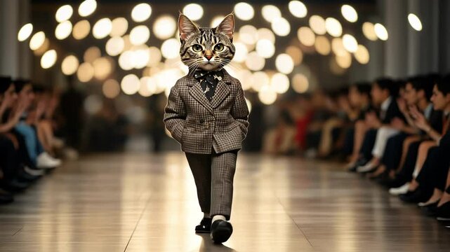 A feline model struts in stylish attire on a glittering runway.