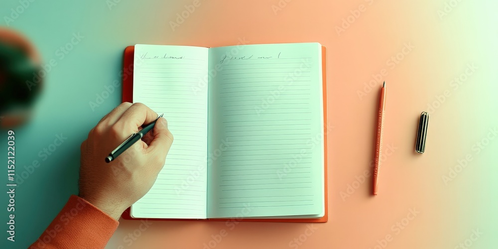 Poster self development habits concept. a person writes in a notebook with a pen on a colorful surface.