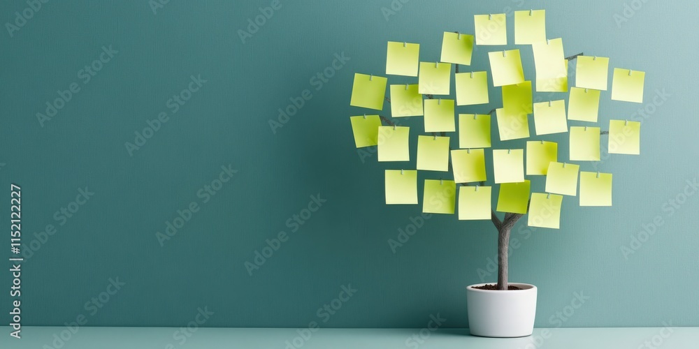 Poster self development habits concept. a creative display of a tree made from sticky notes in a pot agains