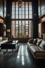 Interior View of Living Room with Large Window and Leather Sofa