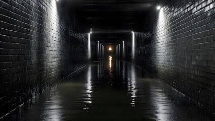 Dark, flooded underpass; lights reflect on water, creating an eerie, mysterious atmosphere.  A lone...