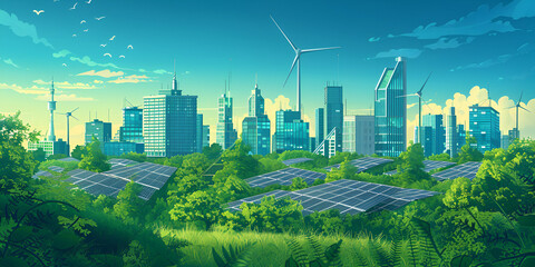 Solar-Powered Sustainable Village with Windmills Driving Green Energy Revolution Eco-Friendly Village View Powered by Solar Energy and Sustainable Windmills