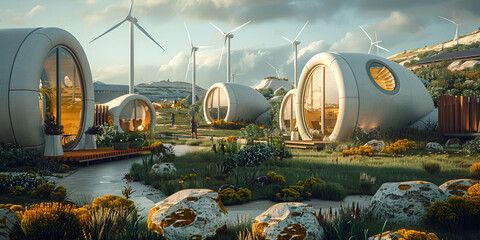 Solar-Powered Sustainable Village with Windmills Driving Green Energy Revolution Eco-Friendly Village View Powered by Solar Energy and Sustainable Windmills