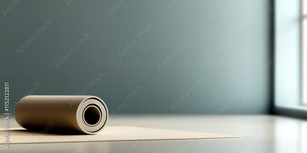 Poster self development habits concept. a rolled carpet resting on a floor near a window, emphasizing minim