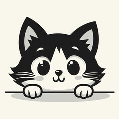 A cartoon cat with big, expressive eyes and a playful expression peeks over a plain white border against a gray background