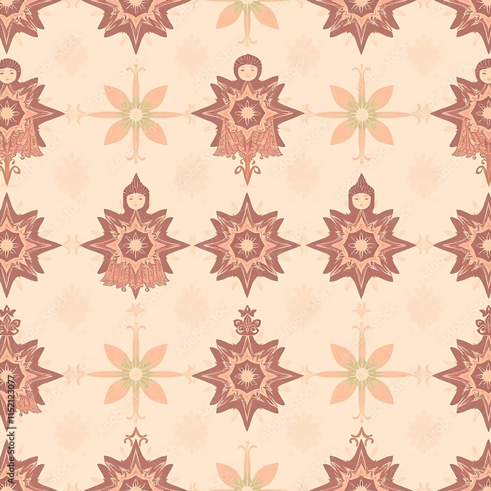 Poster enchanted forest pattern: a whimsical seamless pattern featuring charming hooded figures amidst intr