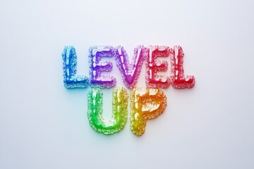 Vibrant 3D "Level Up" Text Design in Rainbow Colors - Symbolizing Growth, Progression, and Achievement in Modern Digital Art