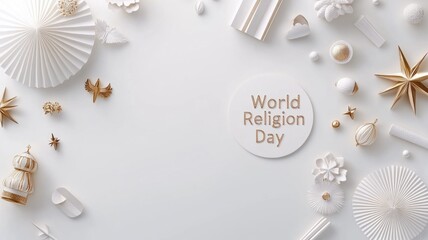 World religion day celebration with elegant paper and gold decorations on white background