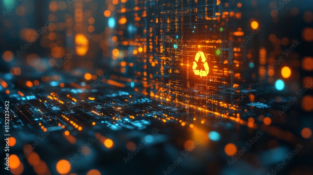 Poster a futuristic digital landscape showcases a glowing circuit board filled with vibrant lights. the rec