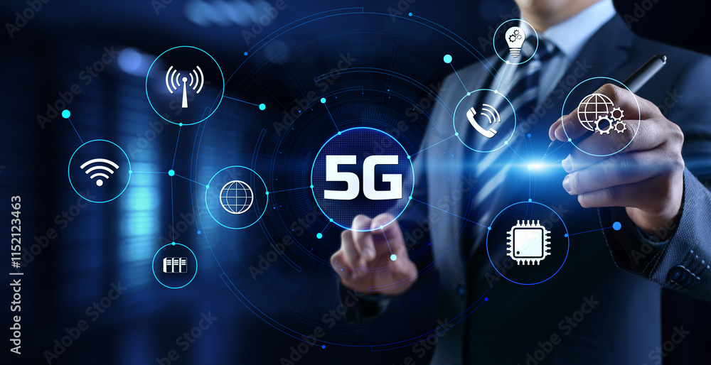 Poster 5g high-speed internet connection concept. businessman pressing button on screen.