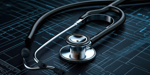 A sleek stethoscope rests on a digital blueprint, symbolizing the fusion of traditional healthcare practices and modern technology in medical diagnostics and patient care.