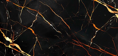 Minimalist black marble background with golden streaks and orange abstract contrast, modern style