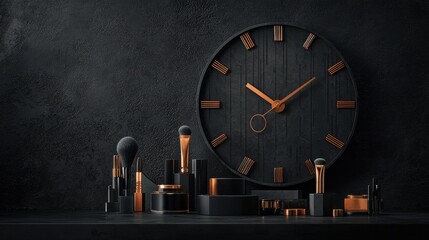 Artistic makeup tools arranged as clock face with glowing stand studio setting high-definition photography conceptual art for beauty enthusiasts