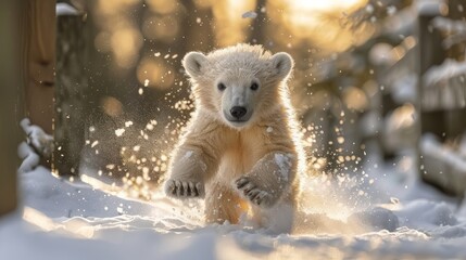 Obraz premium Adorable polar bear cub playfully running in snowy winter landscape, bathed in golden sunlight.