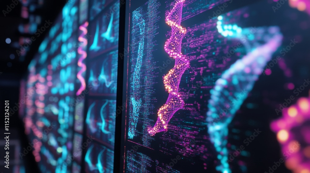 Poster Colorful digital representations highlight complex patterns in bioinformatics data analysis displayed on computer screens.