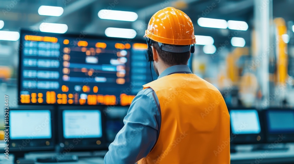 Poster industrial worker in hard hat observing control panel with monitors and data displays in modern fact