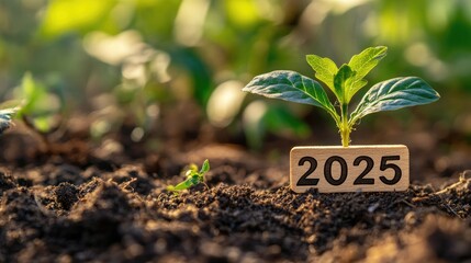 New year concept, wooden numbers "2025" with a growing plant on the soil ground background in a natural forest setting, green environment and ecological atmosphere. eco-friendly lifestyle