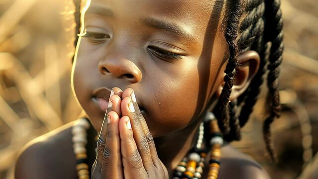 In a tranquil setting, a young African girl kneels with her eyes closed in prayer, showing devotion and sincerity. Her surroundings create a peaceful atmosphere that highlights her spiritual moment.