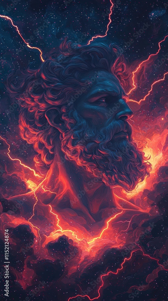 Poster dramatic portrait of a mythical figure surrounded by fiery lightning and cosmic elements in a deep s