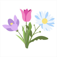 Naive Simple Design of Crocus, Daisy and Tulip Flowers. Spring Bouquet of Three Flowers in Flat Style. Naive Botanical Element Perfect for Banners, Posters, Flyers, Cards, Social Media, Web.