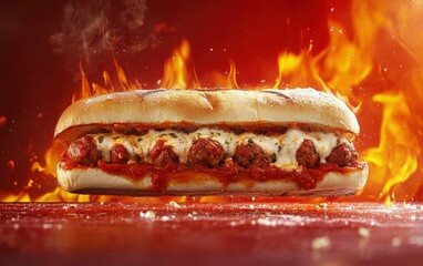 A hearty meatball sub with marinara sauce and melted mozzarella mid-flight on a fiery red-orange background