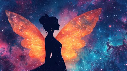 Obraz premium Enchanting Silhouette of a Woman with Cosmic Wings Against a Colorful Galactic Background, Symbolizing Dreams and Imagination in a Mystical Universe
