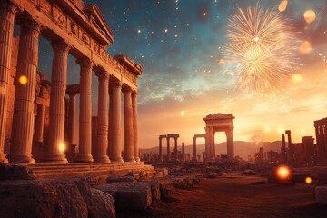 Fototapeta premium Ancient Ruins Celebrate A Festive Sunset With Fireworks