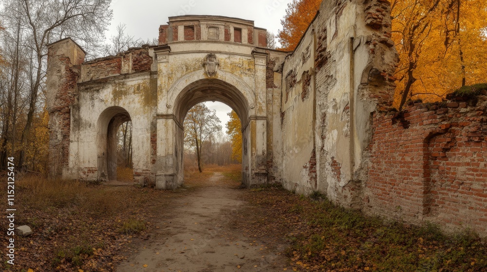 Poster abandoned structure in autumn forest setting
