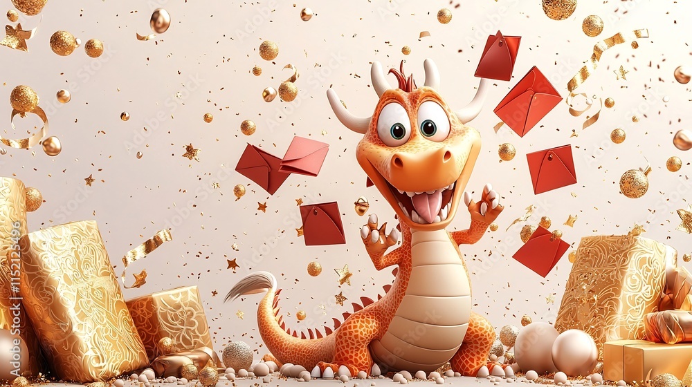 Poster a 3d cartoon animation of a playful red dragon tossing multiple red envelopes into the air with gold