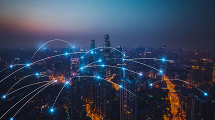 Obraz premium Smart digital city with connection cyber security network reciprocity over the cityscape . future smart wireless digital city and social media networking systems that connects people within the city