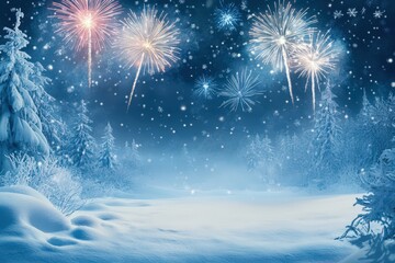 Winter Wonderland Fireworks Night Snowy Forest Scene