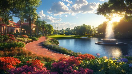 Luxurious golf resort with vibrant gardens, a serene lake, and a fountain at sunset.